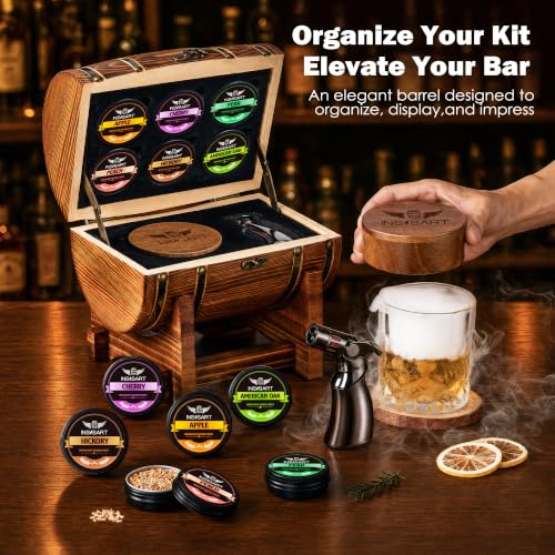 INSISART Charred Whiskey Smoker Kit with Barrel - Old Fashioned Cocktail Smoking Set