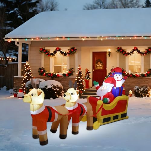Cllayees 8ft Santa Claus & Snowman on Sleigh with Reindeers, LED Xmas Blow Up outdoor Inflatable