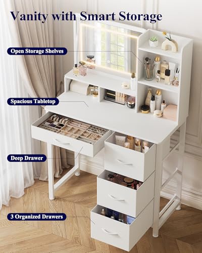 White Makeup Vanity Desk with Lighted Mirror and 4 Storage Drawers