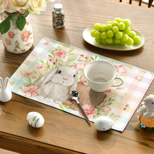 Artoid Mode Bunny Rabbit Flowers Floral Easter Placemat Set 4, 12x18 Inch Spring Table Mats, Pink/Blue