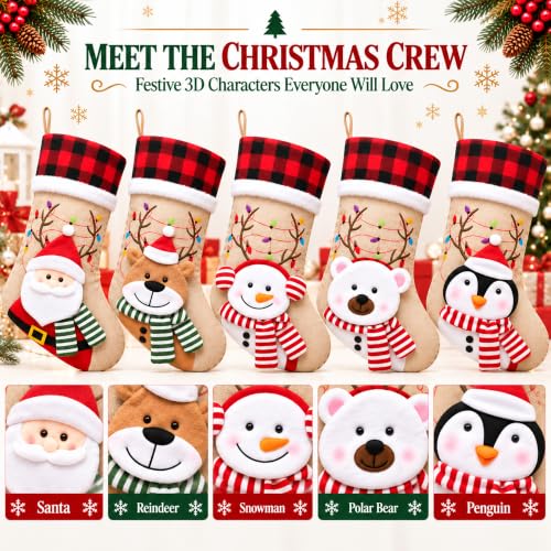 Elegantpark 5 Pack Rustic Christmas Stockings with 3D Holiday Characters - Burlap Buffalo Plaid, Large 20 Inch