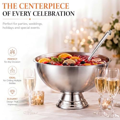 3-Gallon Stainless Steel Punch Bowl with Ladle and Footed Base