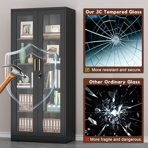 Lockable Metal Display Cabinet with Glass Doors and 4 Adjustable Shelves
