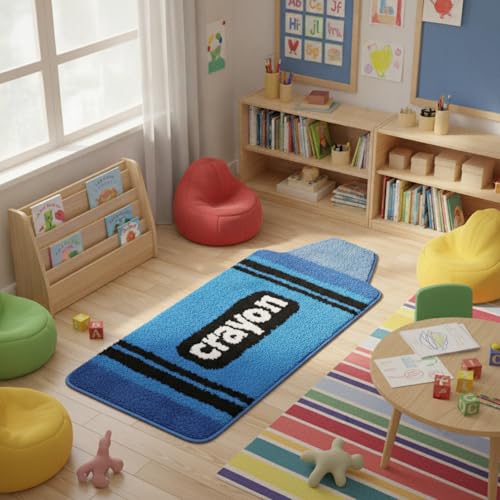 Blue Crayon Reading Corner Rug, Non-Slip Plush Floor Mat for Classrooms