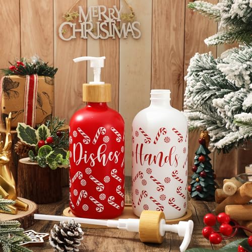 FYSUIMU Christmas Candy Theme Glass Soap Dispenser Set with Wooden Tray - Refillable Liquid Hand & Dish Soap Pump, 2 Pack