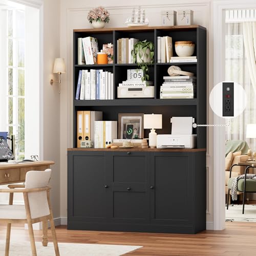 72" Tall Bookcase with Power Outlet, Printer Stand & 2 Filing Drawers