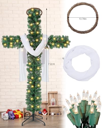 Leyndo 7.2 ft Cross Christmas Tree with Lights Prelit - 100 Light Bulbs, Natural Wooden Ring