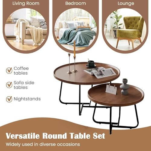 Round Nesting Coffee Table Set of 2, Walnut Wood Mid-Century Modern