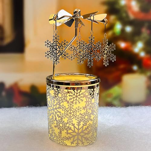 Rotary Spinning Tealight Candle Holder - Frosted Glass Snowflake Carousel