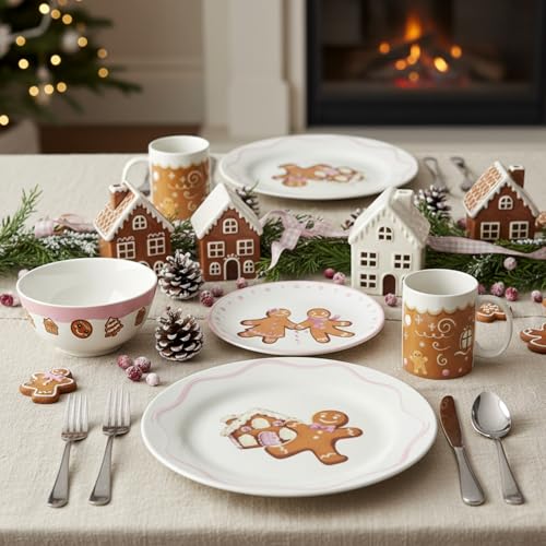 Pickmesh 16Pcs Pink Gingerbread Man Christmas Dinnerware Set for 4 Guests