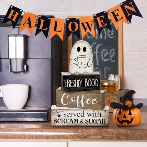 4-Piece Halloween Wooden Ghost Coffee Bar Decor Set - Rustic Tiered Tray Sign