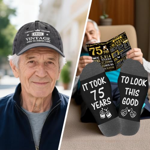 75th Birthday Gift Set for Men Whiskey Glass Socks Hat Candles & More