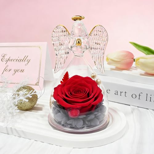 Preserved Real Rose in Glass Angel Figurine, Eternal Flower Gift