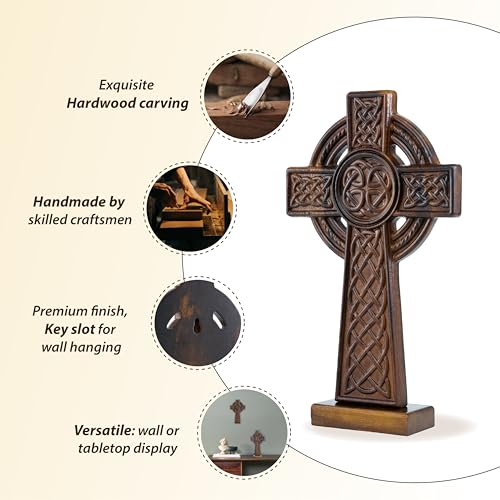 10-Inch Hand-Carved Wooden Celtic Cross Wall Art for Home Decor