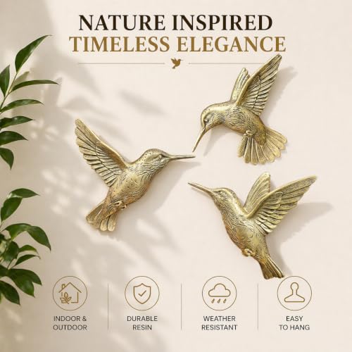 3D Hummingbird Wall Decor Set - Antique Gold Resin Bird Wall Art (Set of 3)