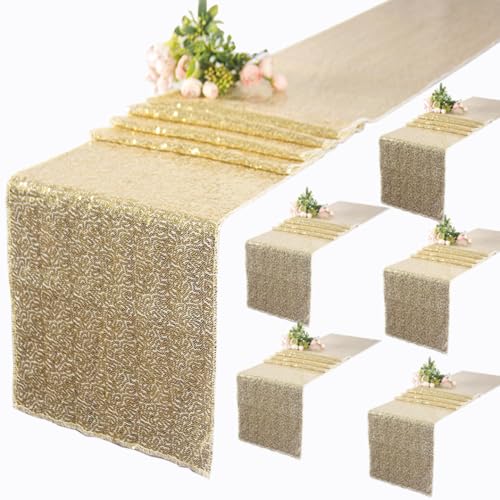 CHHEART Champagne Gold 12x120 Inch Sequin Table Runners (Pack of 6)