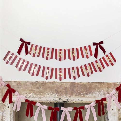 KUNGOON Christmas Banner with Red Velvet Bows - Indoor Holiday Decor
