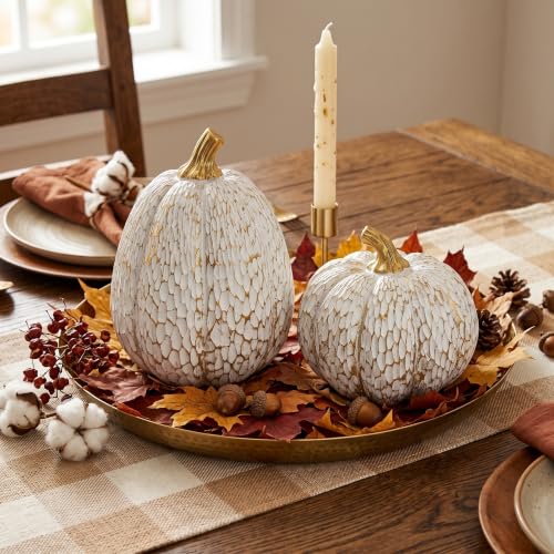 White and Gold Resin Pumpkin Decor Set of 2 for Fall Thanksgiving Table