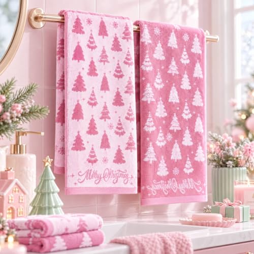 Moukeren Pink Christmas Tree Bathroom Set with Rugs & Hand Towels - Non-Slip, Absorbent Holiday Decor