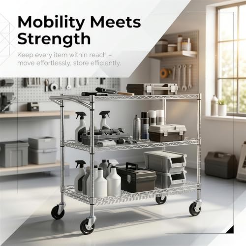 3-Tier Heavy Duty Steel Wire Rolling Utility Cart with Wheels & Handle