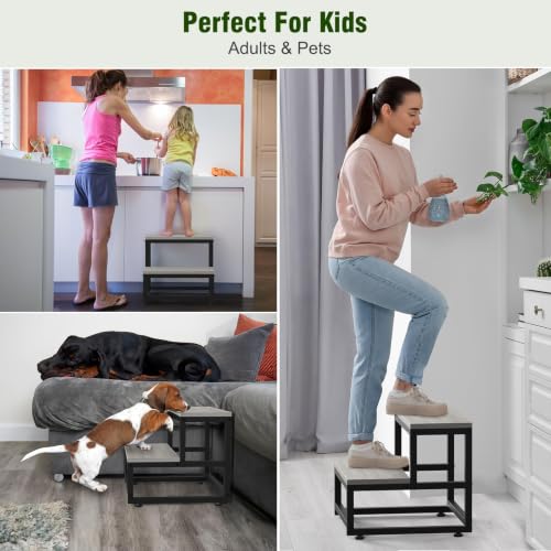 Heavy Duty 2-Step Stool, Non-Slip Wooden Step Stool for Adults and Kids