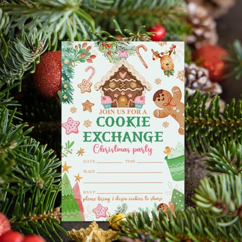 Weifuju M4 Christmas Party Invitations for Girl, Cookies Exchange, Pink Xmas Invite Cards, 20 with Envelopes