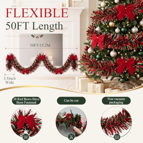 Christmas Tinsel Garland with Red Bows - 50ft Red & Green Decor - Variation of THIS listing 38