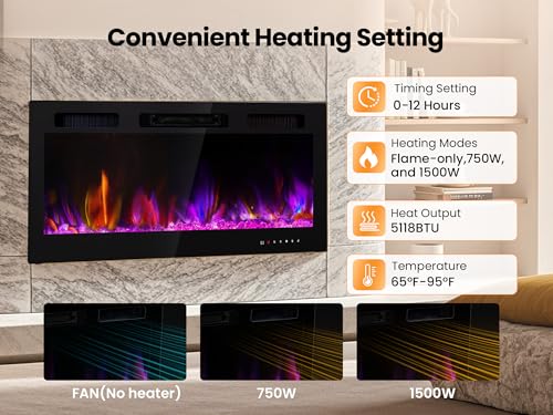 50-Inch Electric Fireplace Wall Mount Insert Ultra-Thin Heater