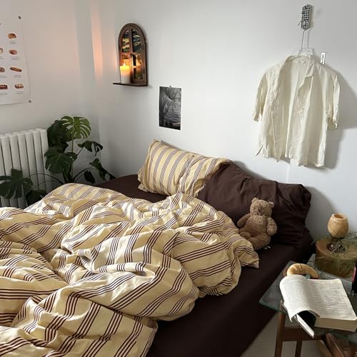 Retro Striped Cotton Duvet Cover Set Queen - 3-Piece Vintage Red Bedding