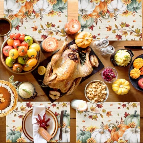 HELLOWINK Set of 6 Fall Pumpkin Placemats - Orange & Green Autumn Table Mats
