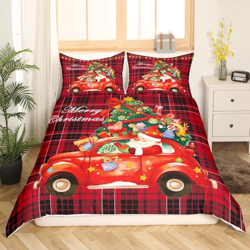 Castle Fairy Merry Christmas Twin Bedding Set with Santa Claus & Car Pattern, 68x90 Duvet Cover & Pillowcase, Red & Black Decor