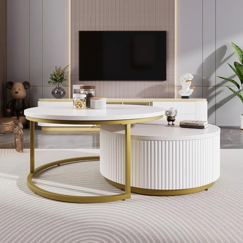 Modern Round Nesting Coffee Table Set with Storage Drawer, White and Gold