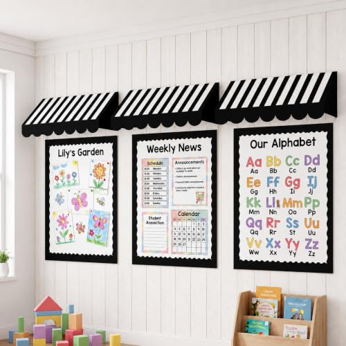 Black Striped Classroom Awning and Bulletin Board Border Trim Set