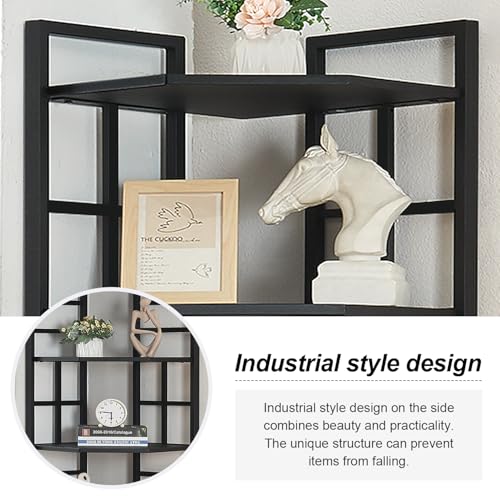 6-Tier Tall Corner Bookshelf, Industrial Metal and Wood Storage Unit