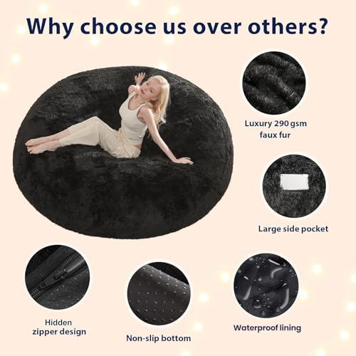 5ft Faux Fur Bean Bag Chair Cover, Washable Fluffy Beanbag Seat, Black