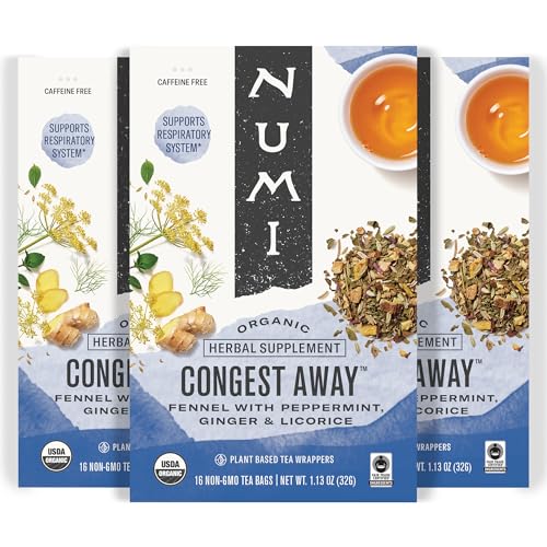 Numi Organic Congest Away Tea, 16 Tea Bags (Pack of 3), Fennel, Peppermint, Ginger and Licorice, Caffeine Free