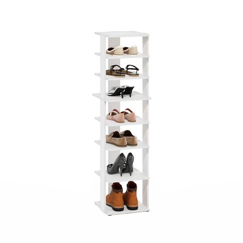 Furinno Compact Vertical Shoe Rack, 8-Tier Narrow Shoe Organizer, Free Standing Shoe Storage, Shoe Shelf for Boots, Sneakers, 12 x 12.6 x 46.7, for Closet, Entryway, Office, Garage, White