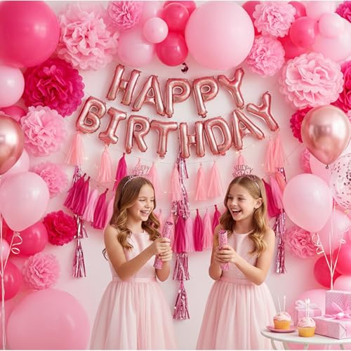 30-Pack Tissue Paper Tassel Garland Banner - Pink & Hot Pink Party Decor