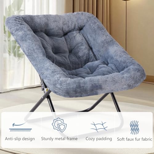Oversized Faux Fur Saucer Chair, Folding Lounge Chair with Metal Frame
