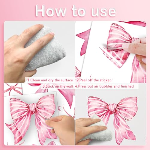Pink Bow Wall Decals - 46 Pcs Watercolor Bow Knot Peel-and-Stick Stickers