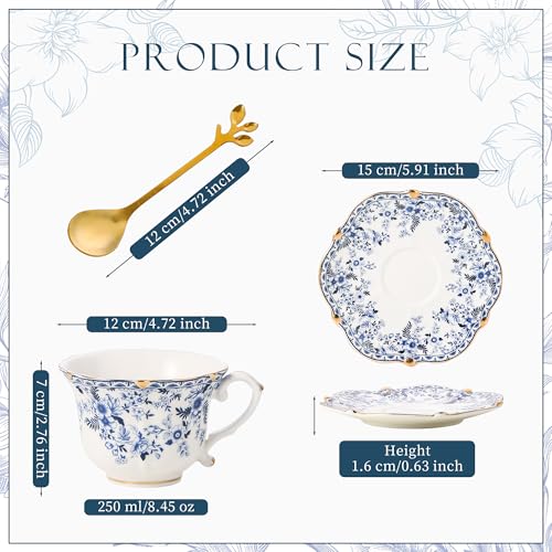 TATSUMI Blue Bone China Tea Cup & Saucer Set - Vintage Floral 3-Piece Gift