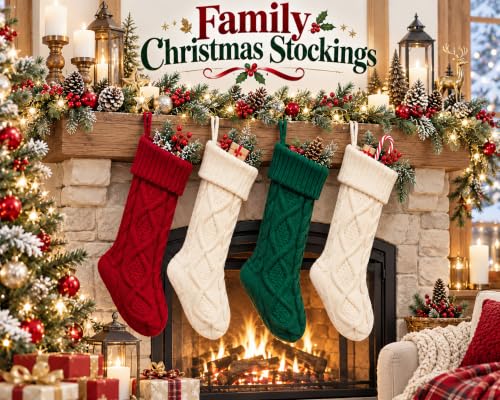 Fesciory 3 Pack 18in Cable Knit Christmas Stockings - Burgundy Ivory Green Set