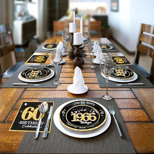 60th Birthday Party Plates and Napkins Set - Vintage Black and Gold, 60 Pc