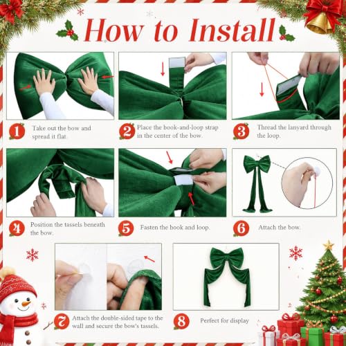 MODFUNS 75x23 Inch Dark Green Velvet Bow Christmas Tree Topper with Ribbon - Oversized Holiday Decoration
