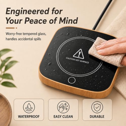 Defashun Square Wood Grain Coffee Mug Warmer for Desk - 3 Temp Settings, Auto Shut-Off