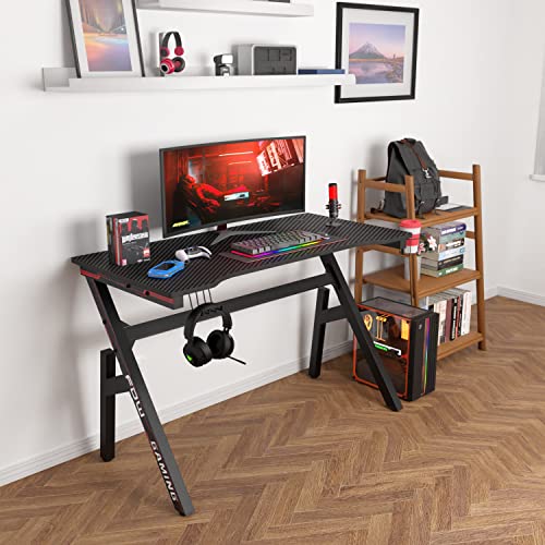 47-Inch R-Shaped Gaming Desk with Carbon Fiber Texture and Cup Holder