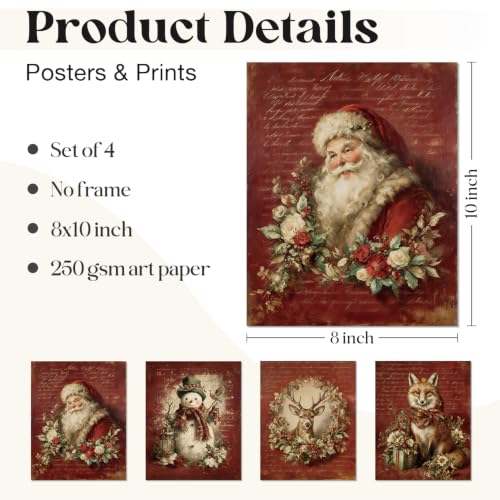 WEFKODO Vintage Christmas Wall Art Set - 4 Unframed Holiday Prints, Santa & Winter Scenes, White Christmas 13