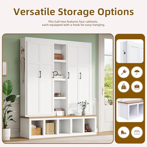 Modern Farmhouse Hall Tree with Shoe Storage Bench and 4-in-1 Entryway Cabinet