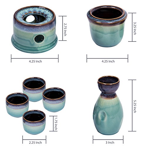 MyGift 7-Piece Sake Set with Ceramic Carafe, Cups & Warmer - Japanese Style