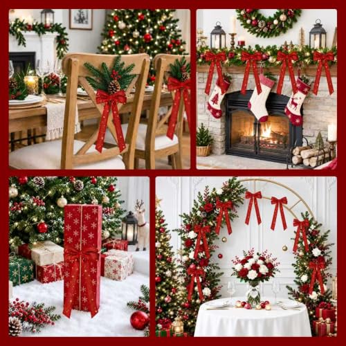 RRKTP 12Pcs Red Velvet Glitter Star Dot Bows 5x10in Holiday Decor